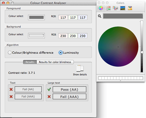 Colour Contrast Analyser, and color wheel to modify colors