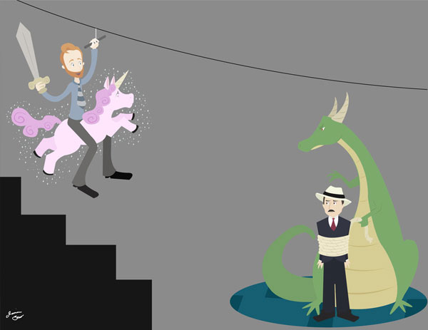 Conan Unicorn and a green dragon that captured a man in a suit and hat