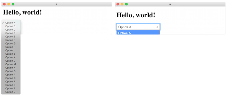 Screenshots comparing what happens to a native dropdown versus a non-native one