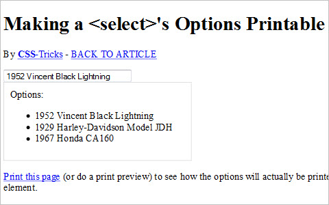 Make a Select's Options Printable