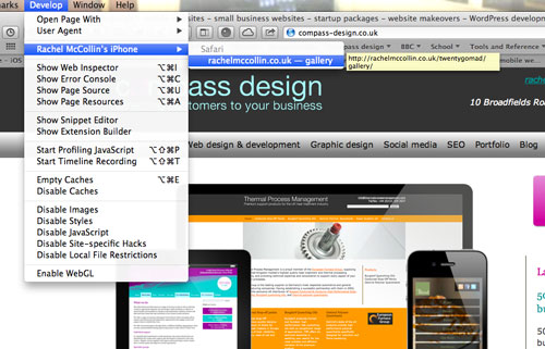 You will see your iOS device as an option in the Developer menu of desktop Safari.