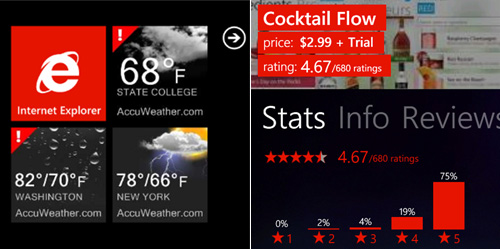Example of live tiles and accent color, AccuWeather and AppFlow