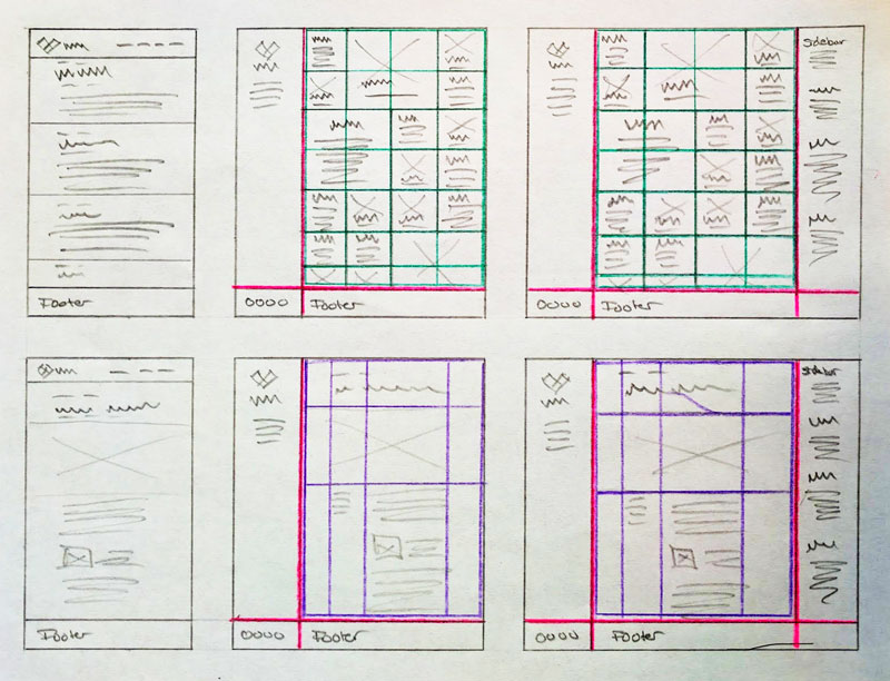 Hand-drawn sketch of a layout with the grids highlighted in unique colors.