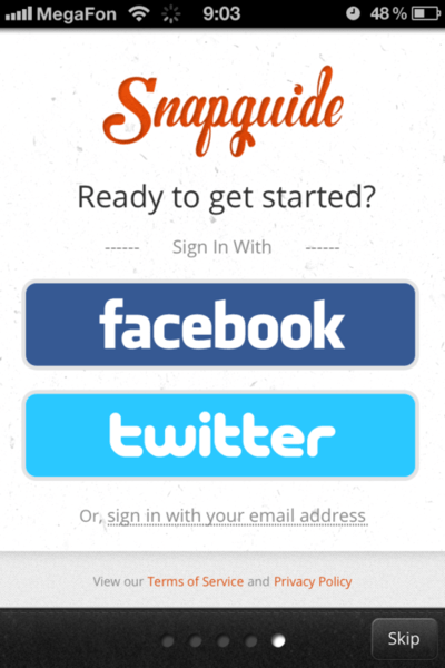 The Snapguide app offers one-click sign-on via Facebook or Twitter.