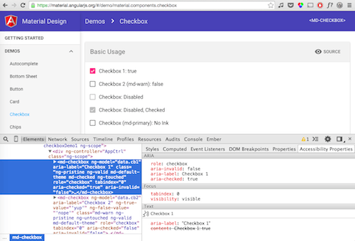 AngularJS material in Chrome with accessibility inspector open