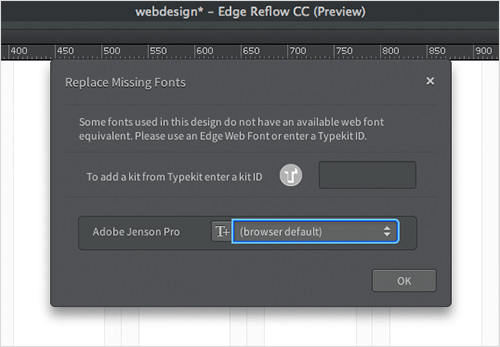 Dialog for missing fonts in Edge Reflow CC.