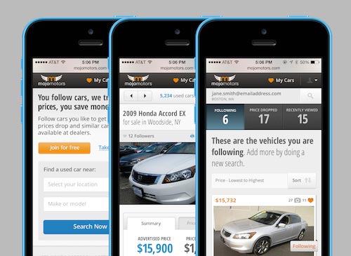 Mojo Motors mobile web screens