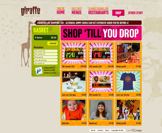 giraffe website, a colorful online store for families and children