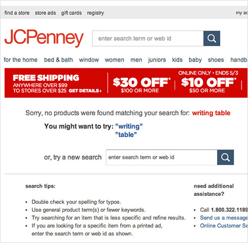 JC Penny doesn't allow users to search by a commonly used synonym