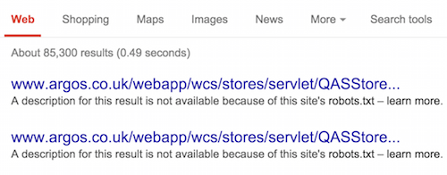 Blocked by robots.txt message in Google search results