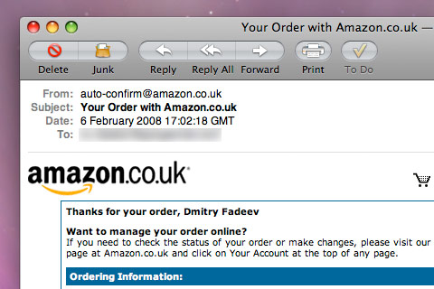 Amazon email confirmation