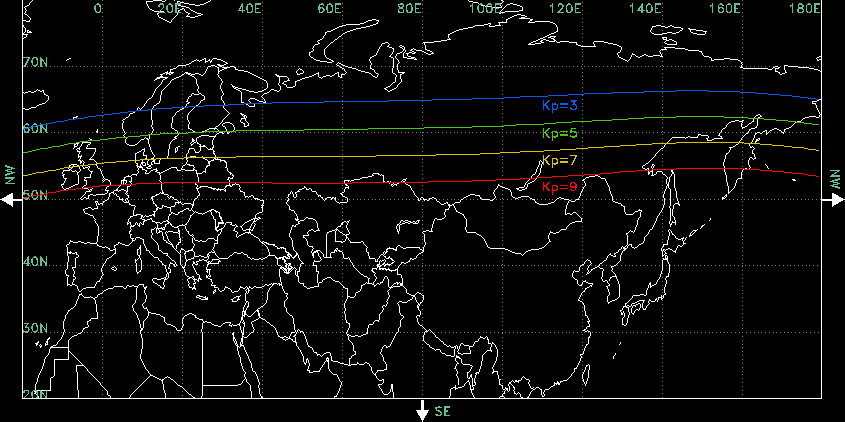 This map shows the midnight equatorward boundary of the Aurora phenomena at different levels of geomagnetic activity.
