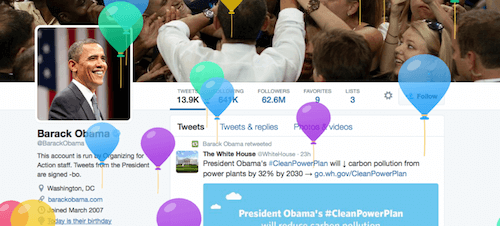 President Obama's twitter page with balloons