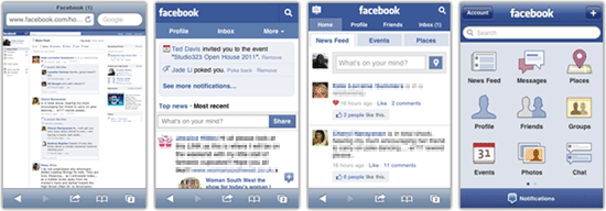 Screen shots demonstrating the full, mobile, touch and app version of Facebook as seen on an iPhone