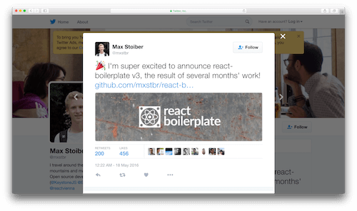 Announcement of react-boilerplate v3 on Twitter