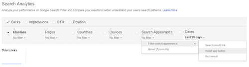 View of Install App Button filter within Google Search Console's Search Analytics Report.