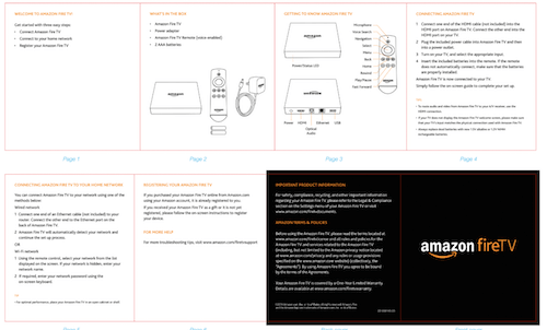 Amazon’s fireTV quick start guide. The full guide is 39 pages long.