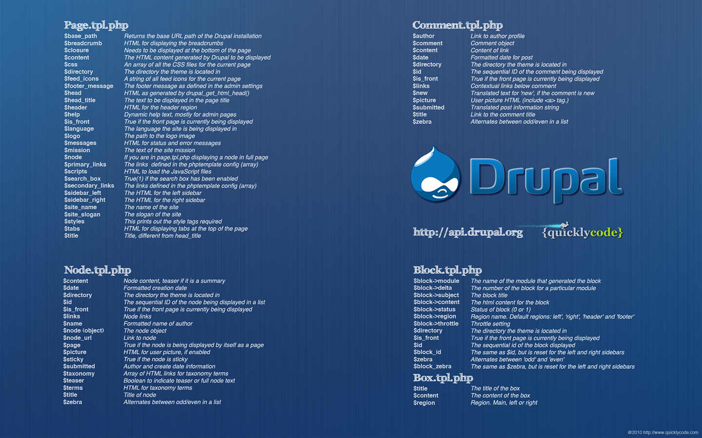 Bạn là một nhà phát triển Drupal? Nếu bạn đang tìm kiếm một tài liệu lưu trữ nhỏ gọn, hãy tải về Drupal Cheat Sheet Desktop Wallpaper, một tài liệu tham khảo hữu ích từ Tạp chí Smashing Magazine trên nền desktop của bạn.