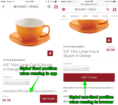 Left, product display page in the app. Right, product display page in the browser.