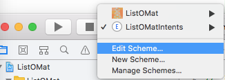 A screenshot from Xcode showing how to edit a scheme