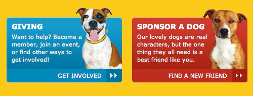 call-to-action buttons with dog imagery and contrasting colours