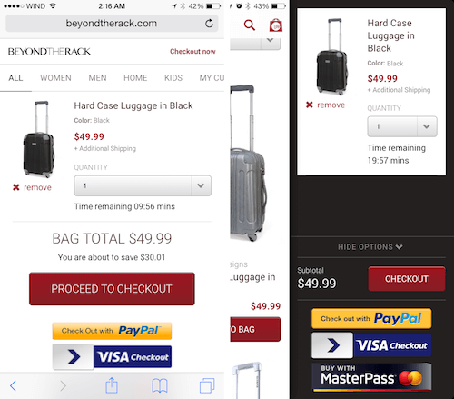 Left, the cart page rendered in the browser. Right, the same cart page, but rendered in the app.