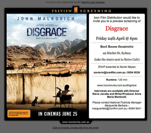 Screenshot of preview screening newsletter