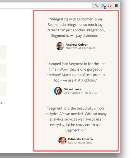 A testimonials component in the sidebar of a web page.