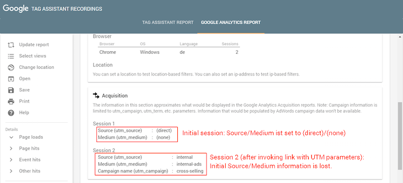 New session uses the source and medium information from the UTM parameters
