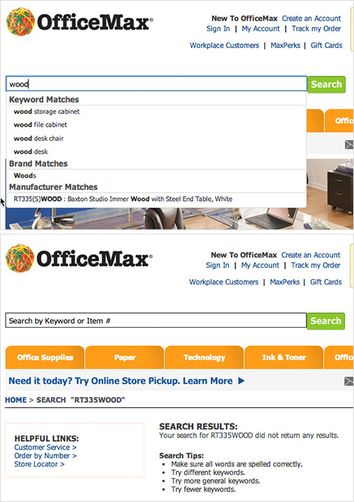 OfficeMax's autocomplete suggest dead-ends