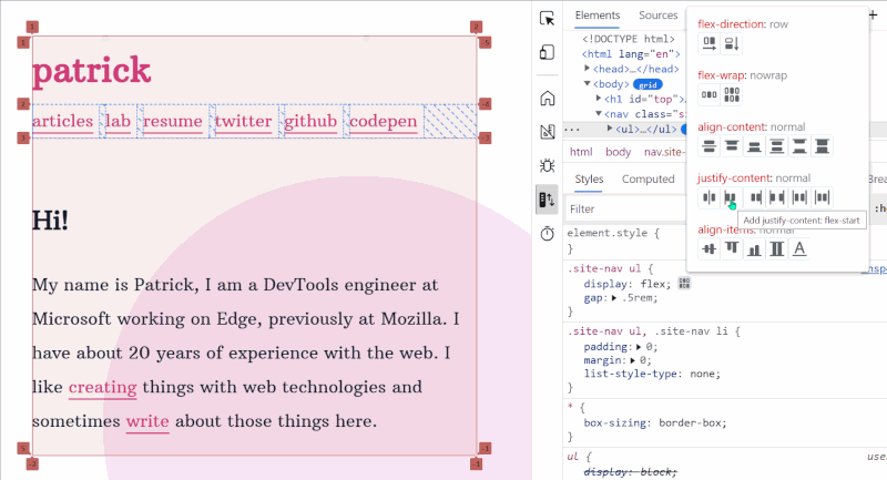 Gif animation of the flex editor in Edge DevTools showing the user cycling through various justify-content values