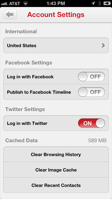 The settings screen in the Pinterest app lets users turn off publishing to their Facebook timeline.