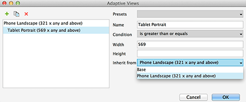 Adaptive views dialog for creating a tablet view
