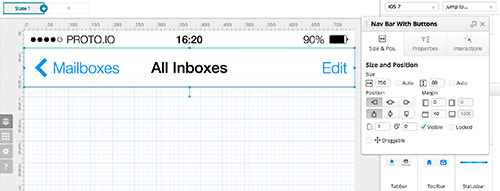 The Nav Bar With Buttons component is added to the prototype. You can change the default labels at the left, center, and right positions as needed for your project.