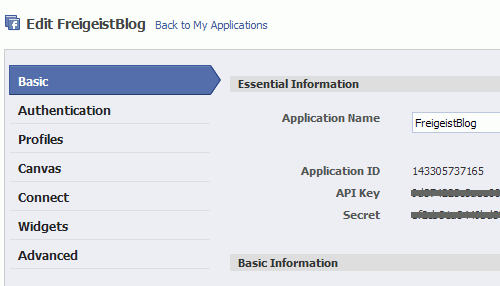 Settings for a Facebook application