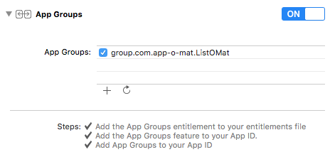 A screenshot of Xcode's entitlements screen showing the app group is enabled and configured