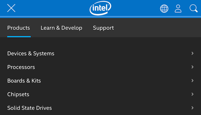 An image of the responsive navigation used on Intel's website.