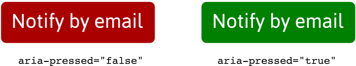 The aria-pressed false button has a red background color and the aria-pressed true button has a green background color