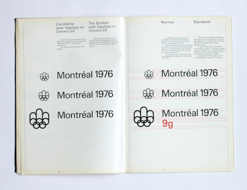 A page from the Montreal Olympics Graphics Manual with standards on using the symbol with the logotype.
