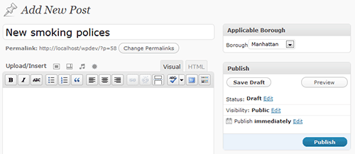 New borough custom field added to WordPress post editor screen