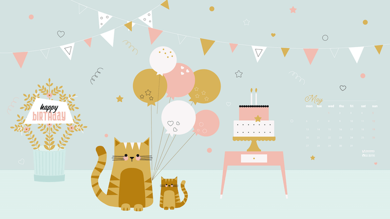 Illustration of two cats with balloons, a birthday cake, garlands, and a Happy Birthday sign.