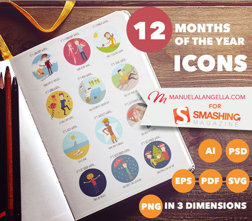 Marketing banner of the 12 Months Of The Year Icons, available in AI, PSD, EPS, PDF, SVG, and 3 dimensions of PNG