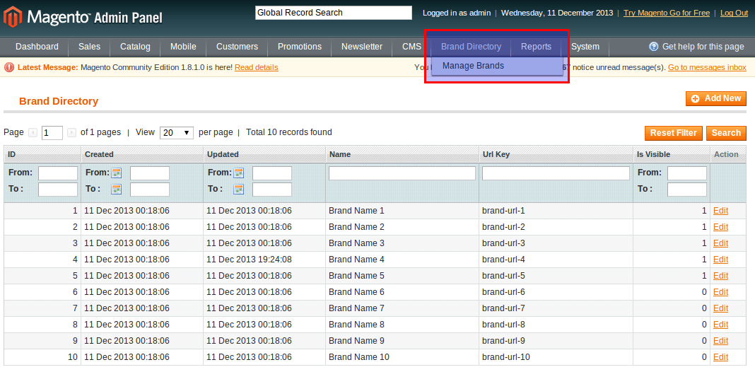 Magento Brand Admin Grid