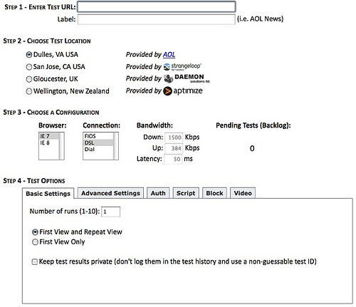 Pagetest web page performance test.