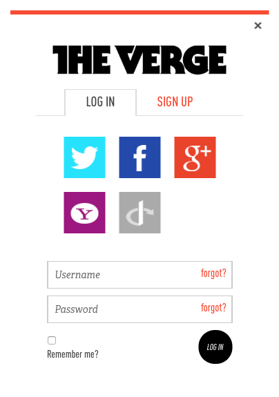 Screen with many log in options for the app The Verge, including Twitter, Facebook, Google Plus and Yahoo