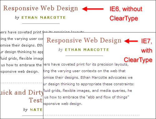 A List Apart's typography compared in IE6 and IE7