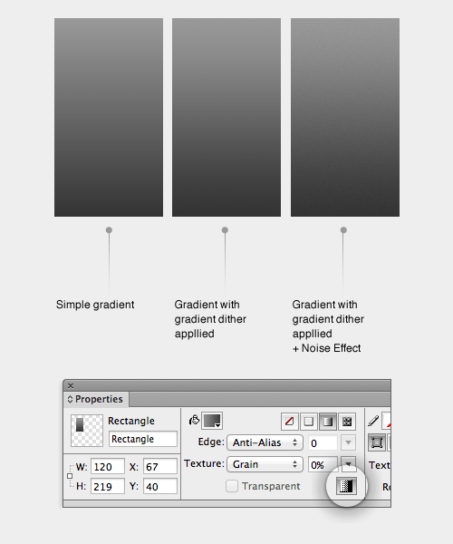 The dithering option in Fireworks CS5+, and three examples of gradients with and without the option selected.