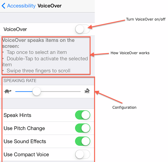 VoiceOver’s settings screen