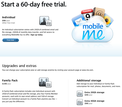 MobileMe Price Table