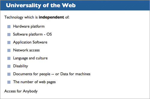 The principle of universality, as composed by the creator of the World Wide Web, Tim Berners-Lee, was written in an age when the Web was mostly a collection of interlinked documents. It doesn’t necessarily apply wholesale to applications, which have very different design constraints and requirements. See Lea Verou’s comment on John Allsopp’s retort to my one-version manifesto on .Net magazine: smashed.by/netmag